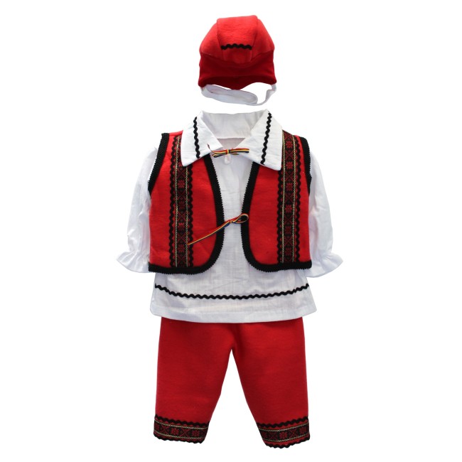 Costum traditional baietei ie+vesta alb-rosu 4 piese