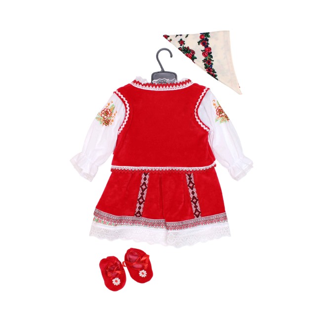 Costum national fetita broderie alb-rosu cu vesta