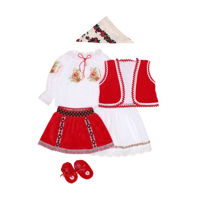 Costum national fetita broderie alb-rosu cu vesta