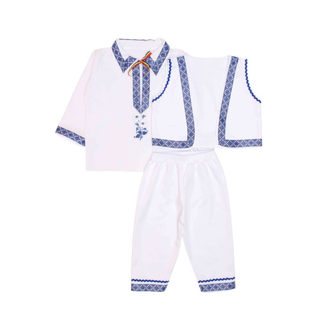 Costum national baiat alb model traditional albastru