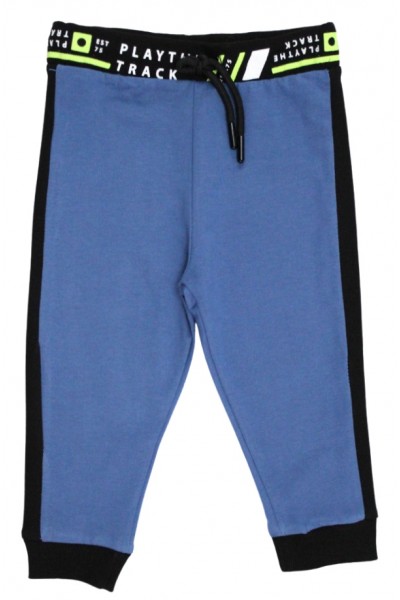 Pantaloni copii bumbac albastru insert lateral negru