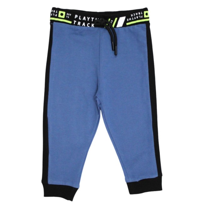 Pantaloni copii bumbac albastru insert lateral negru