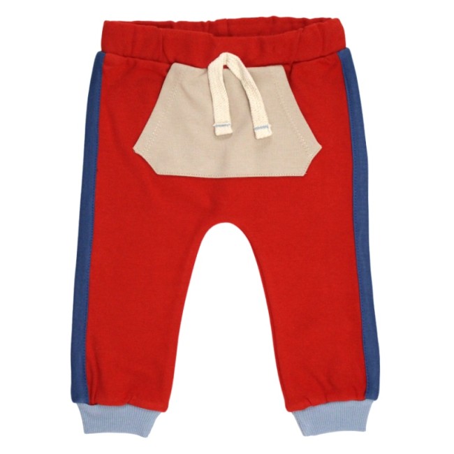 Pantaloni copii bumbac rosu insert lateral albastru
