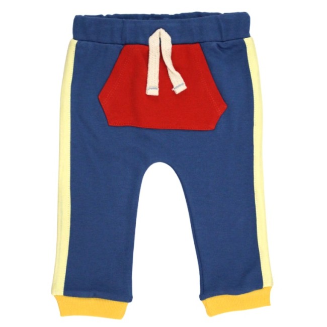 Pantaloni copii bumbac albastru insert lateral galben