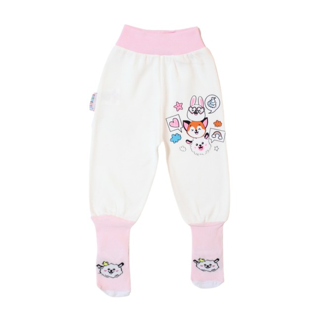 Pantaloni bebe bumbac cu sosete alb-roz animalute