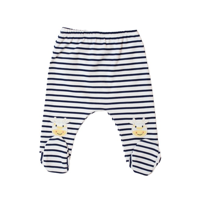 Pantaloni bebe bumbac cu botosel alb dungi bleumarin