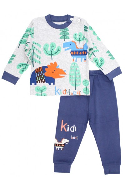 Pijamale copii bumbac premium gri-bleumarin dino