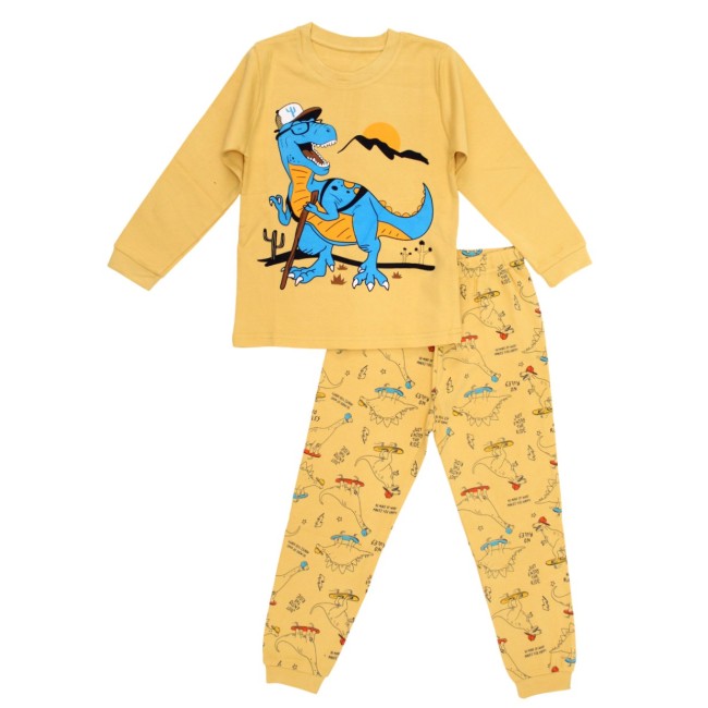 Pijamale copii bumbac premium galben t-rex