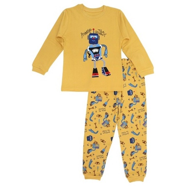 pijamale copii bumbac premium galben mustar robot