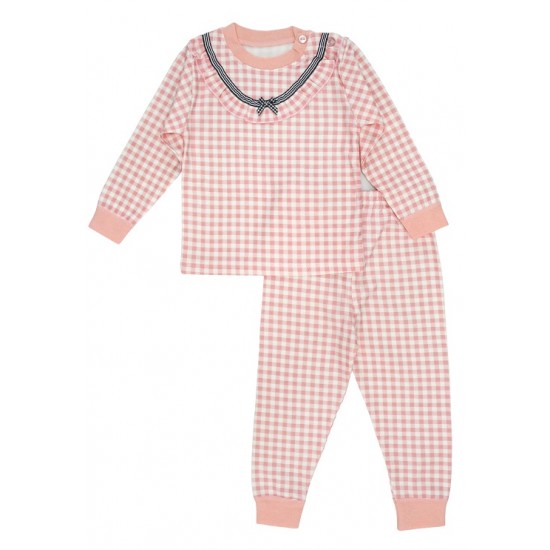 Pijamale copii bumbac premium carouri roz piersica