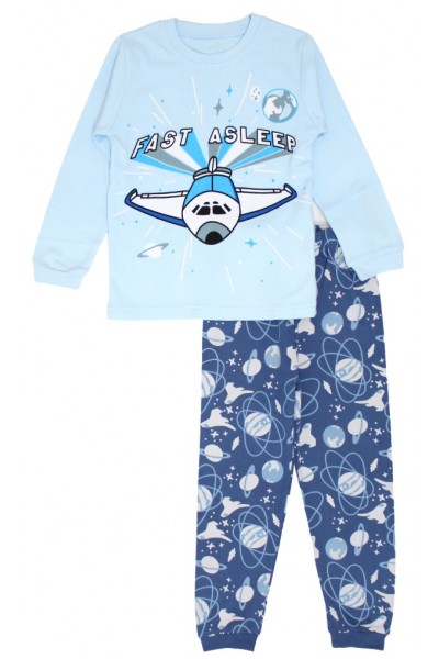Pijamale copii bumbac premium bleu-bleumarin avion