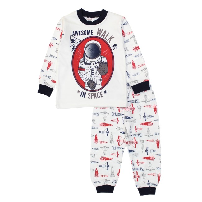 Pijamale copii bumbac alb-rosu astronaut