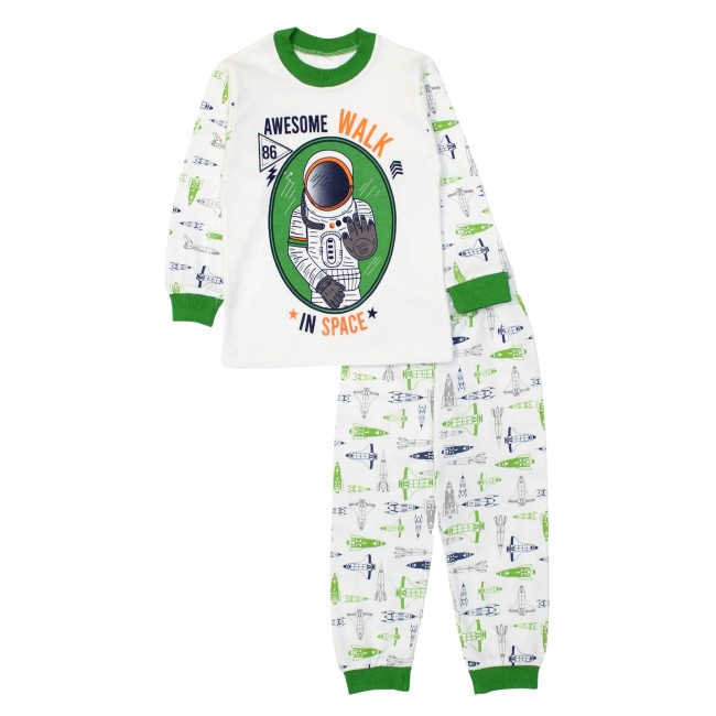 Pijamale copii bumbac alb-verde astronaut