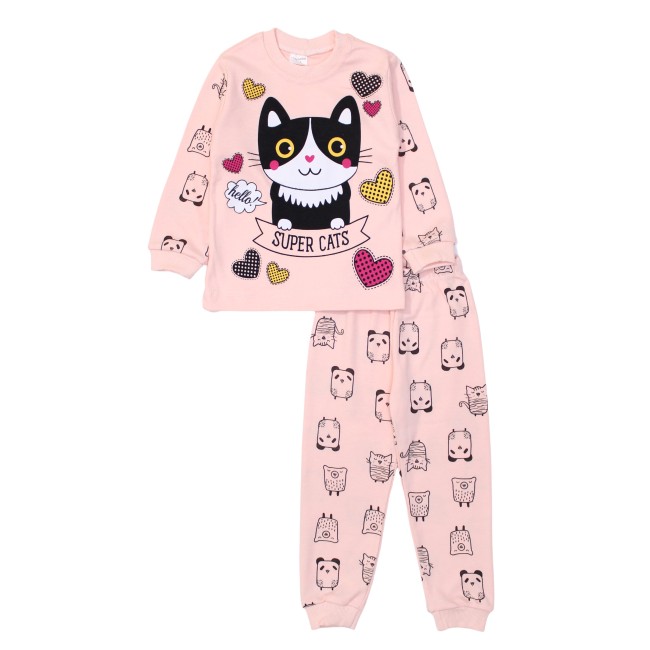 Pijamale copii bumbac roz piersica pisica neagra