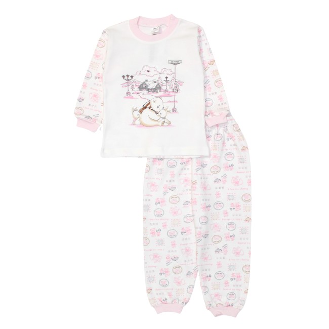 Pijamale copii bumbac alb-roz elbebek ursulet si iepurasi