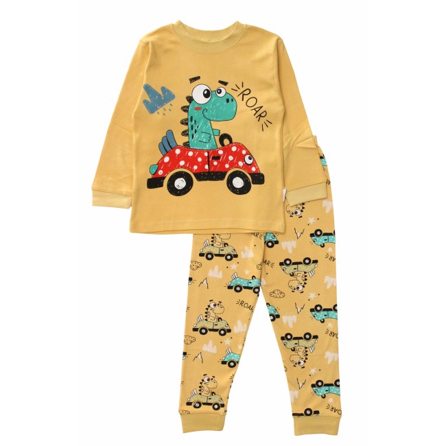 Pijamale copii bumbac premium galben dino driver